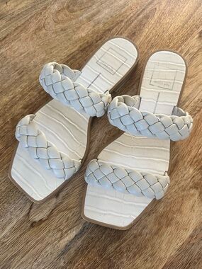 Dolce Vita Braided Double-Strap Square Toe Slide Dressy Sandals Cream/Ivory